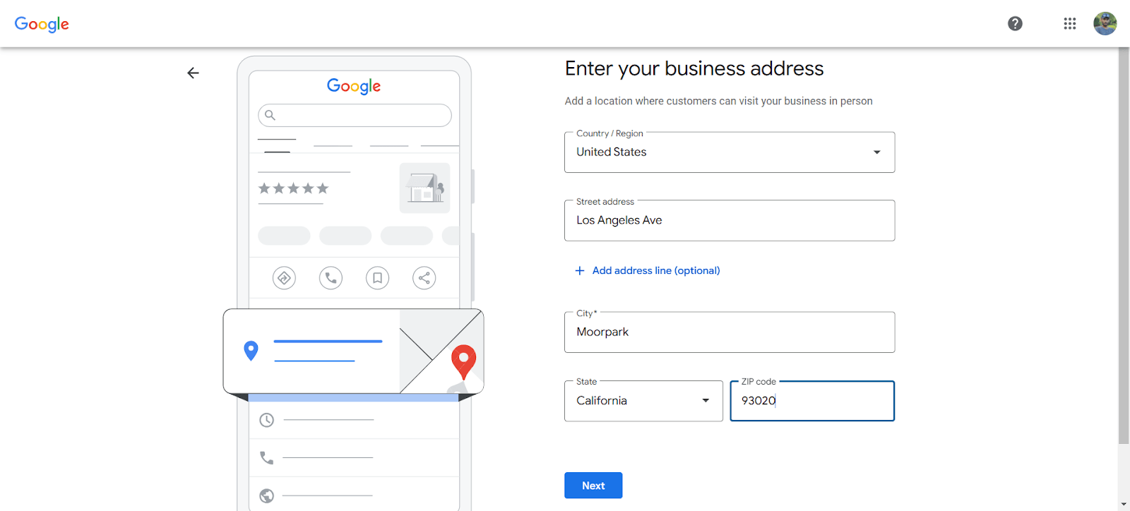 Google Business Profile setup screen prompting users to enter their business address, with fields for country, street address, city, state, and ZIP code.