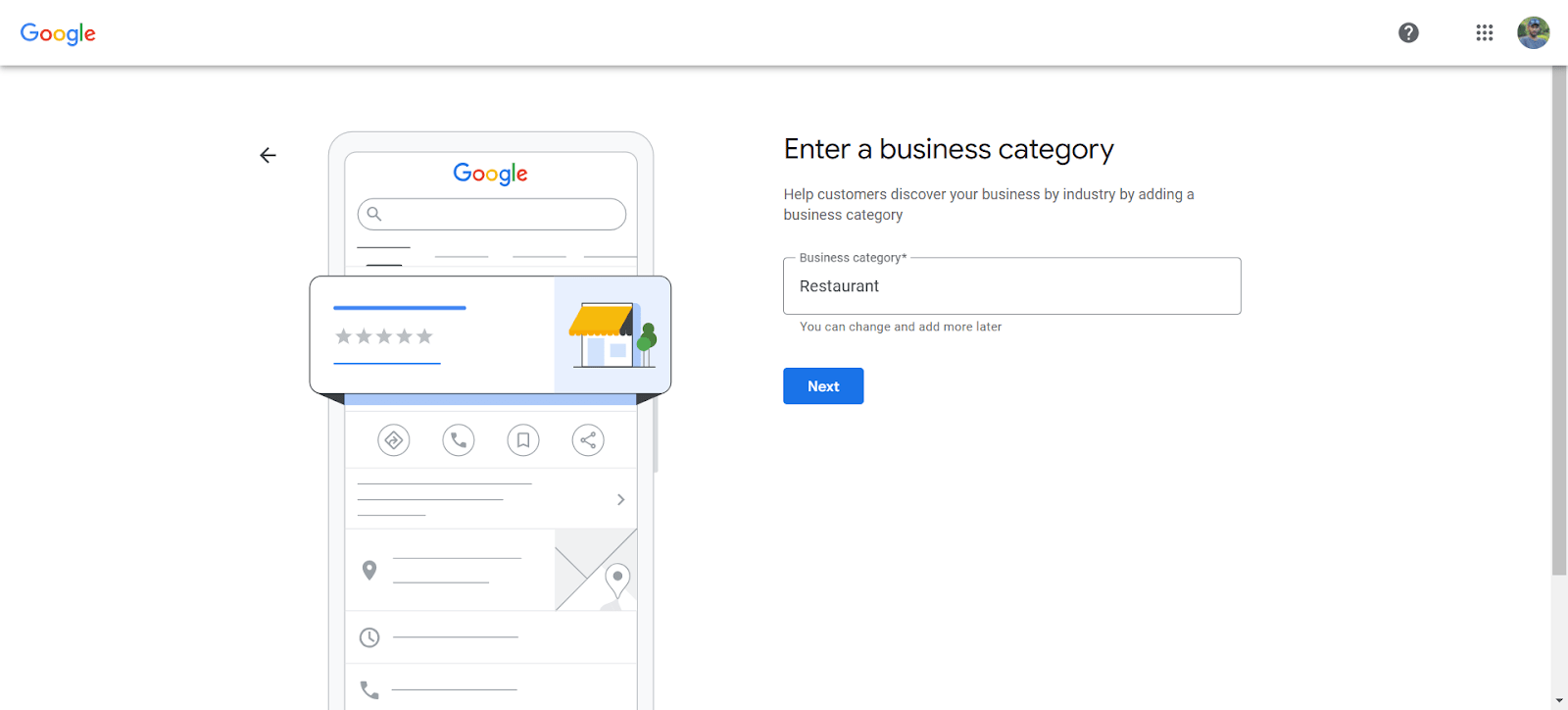 Google Business Profile setup screen prompting users to enter a business category, with 'Restaurant' selected as an example.