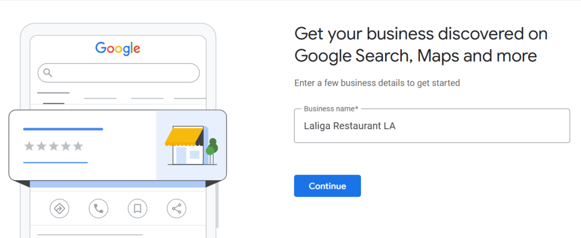 Google Business Profile setup page showing a field to enter the business name, with 'Laliga Restaurant LA' typed in and a 'Continue' button below.