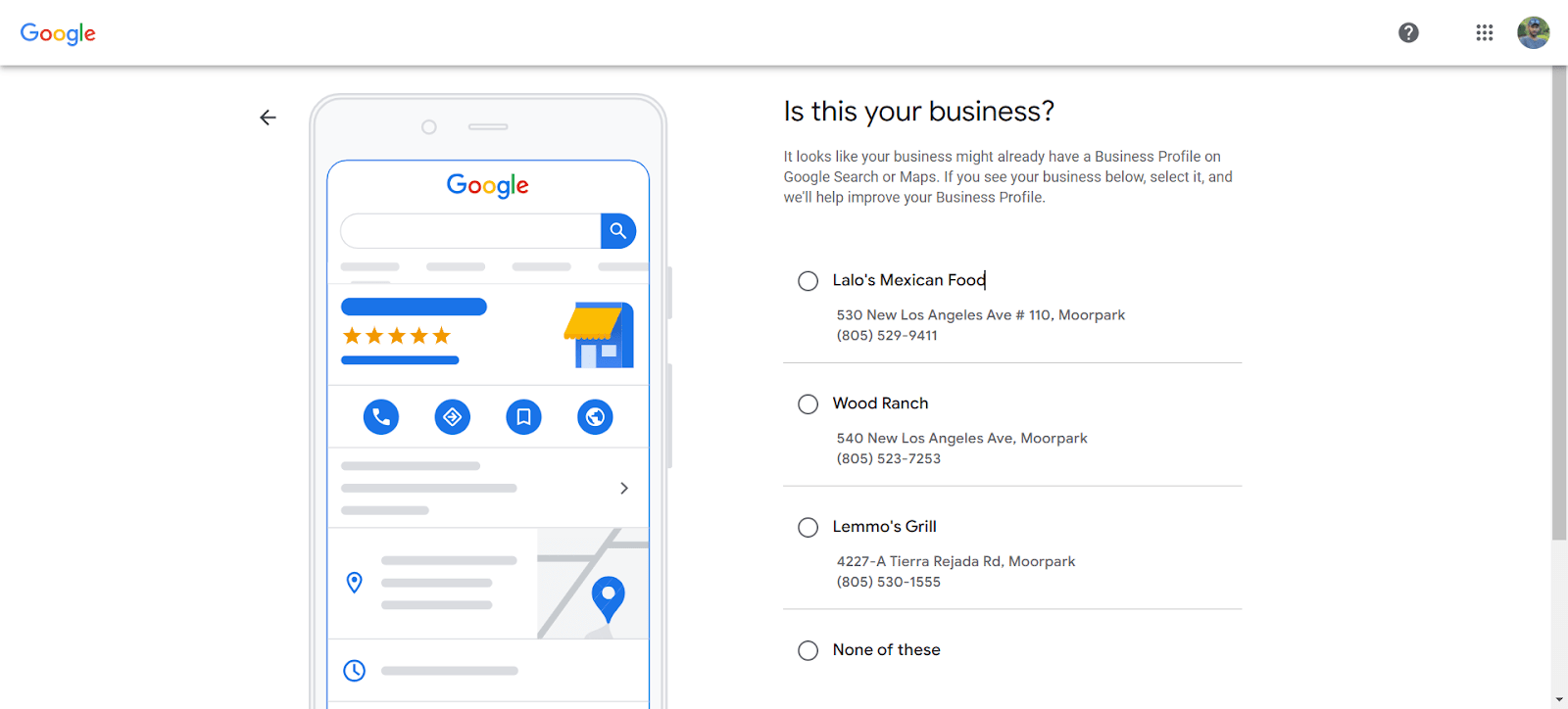 Google Business Profile setup screen asking if the listed business profiles match the user's business, with options to select an existing profile or choose 'None of these.