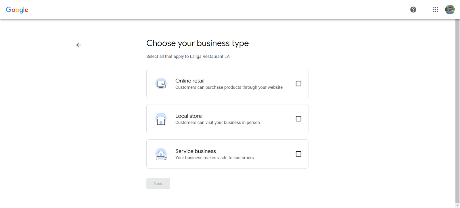 Google Business Profile setup screen displaying business type selection options: Online Retail, Local Store, and Service Business, with checkboxes to choose applicable types.