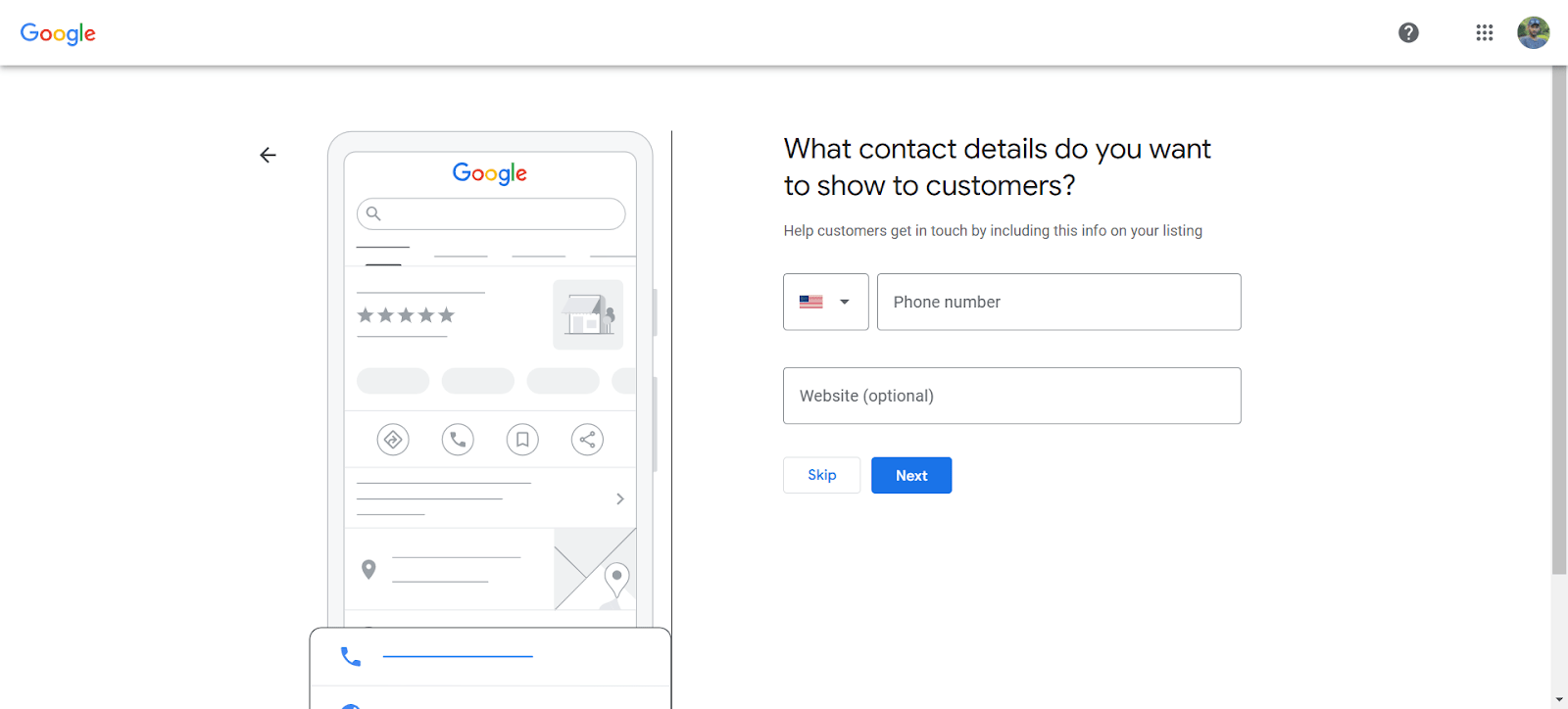 Google Business Profile setup screen prompting the user to enter their contact details, including phone number and optional website.