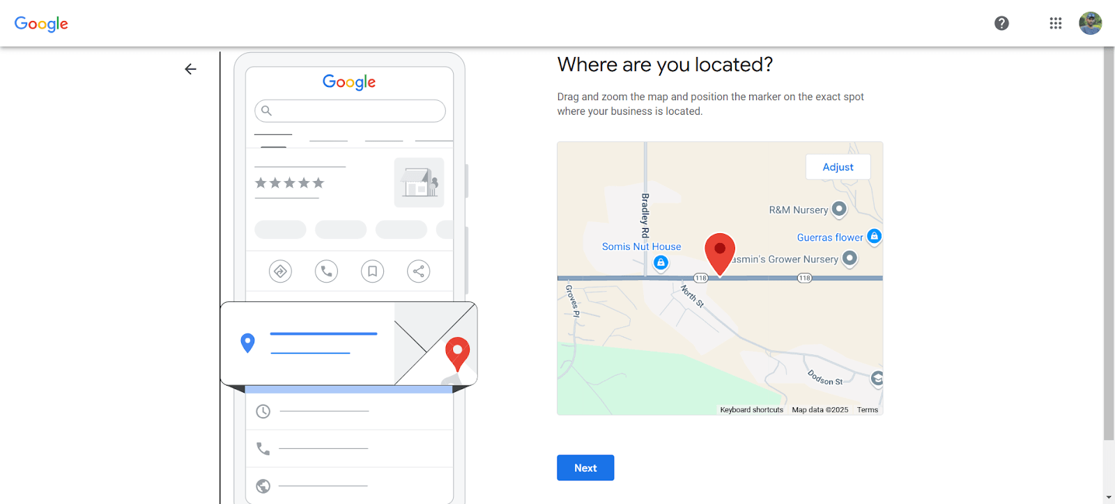 Google Business Profile setup screen prompting the user to confirm their business location by adjusting the map marker to the exact spot.