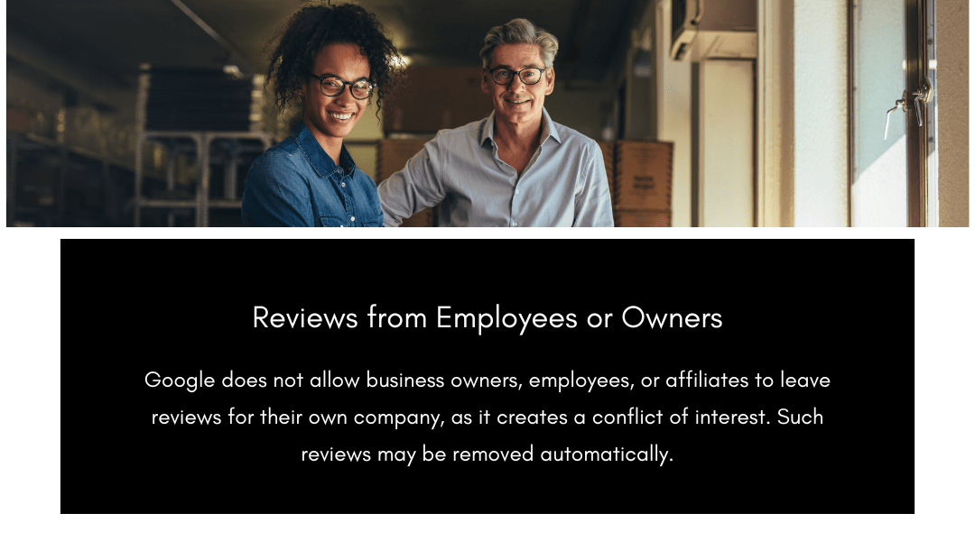 Google removes reviews from business owners and employees due to conflict of interest, featuring a review with a red warning label.