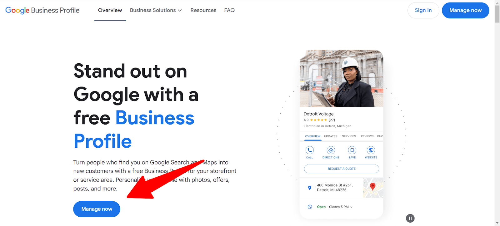 Google Business Profile homepage with a 'Manage now' button, encouraging business owners to create or manage their business profile on Google Search and Maps.