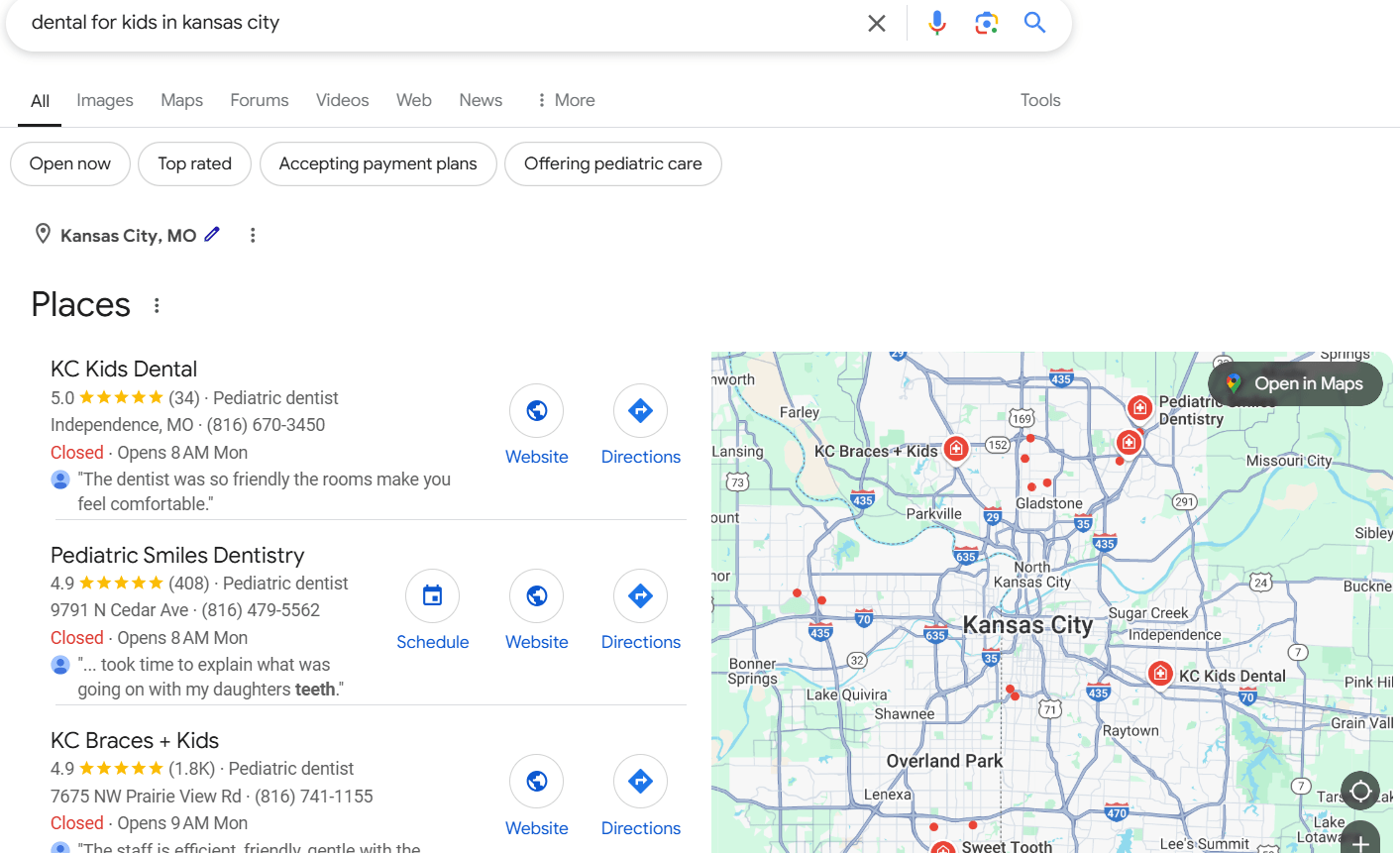 Google Business Profile search results showing local businesses in Kansas City, including dental clinics, with a map and business details.