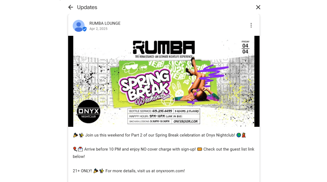 Google Business Profile post example for a Nightclub promoting a Spring Break event in San Diego, highlighting no cover before 10 PM with guest list signup, 21+ entry, and weekend party details.