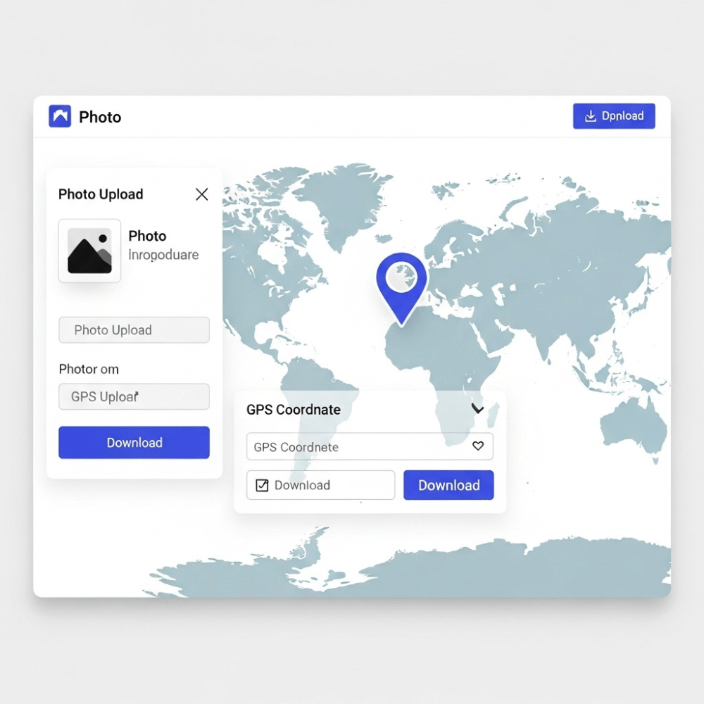 Screenshot-style UI showing photo upload, draggable map pin, GPS input fields, and a download button for geotagging images.