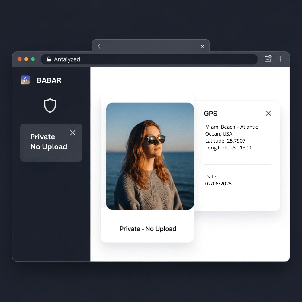 Image metadata viewer showing GPS and camera data beside a photo with privacy shield icon and no upload interface.