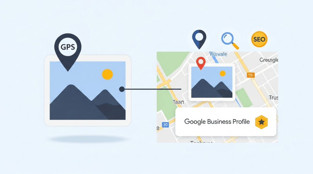 Visual showing how geotagged photos connect to local SEO efforts like Google Maps and business profiles.