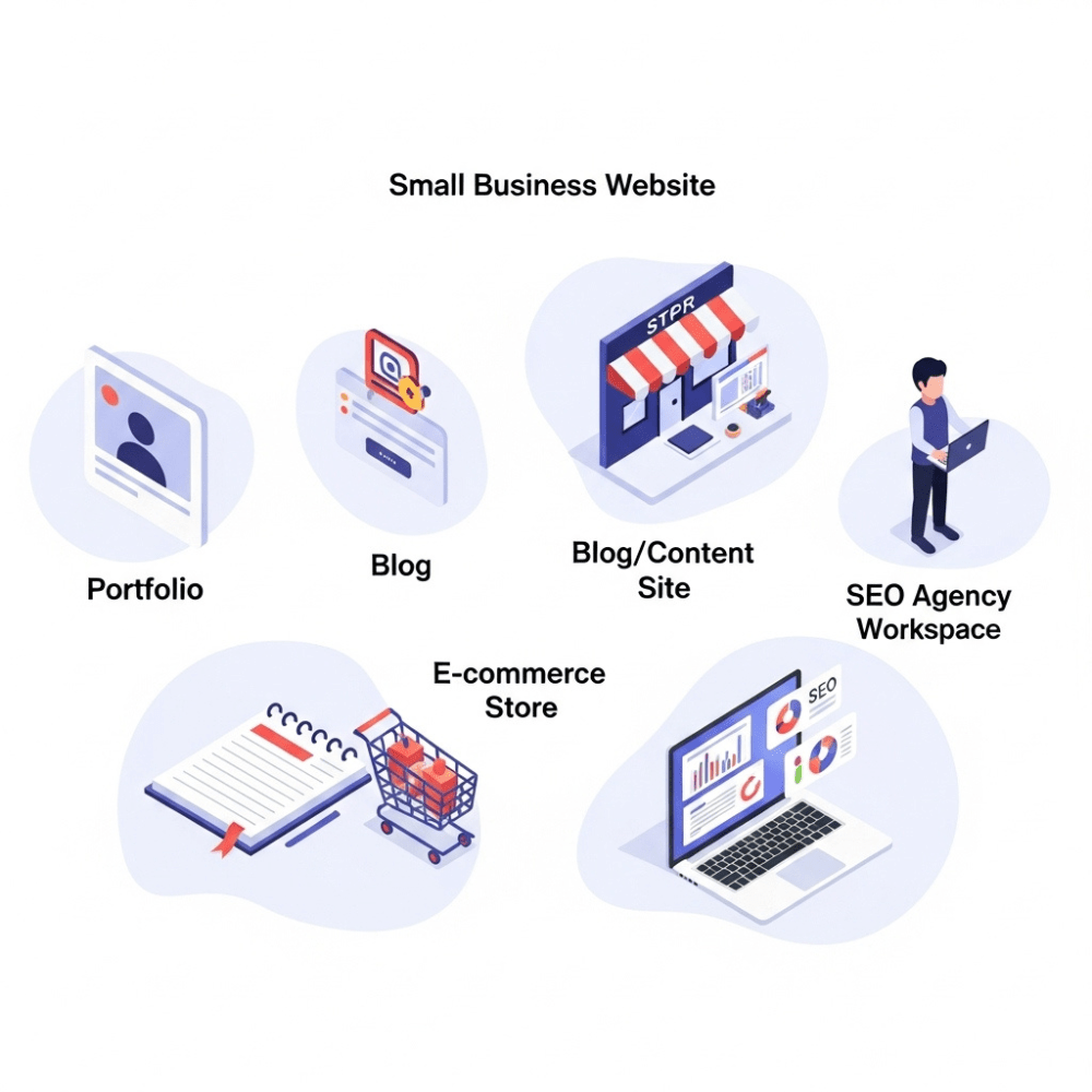 Illustration showing five use cases for SEO tools: portfolio, small business, blog, e-commerce, and SEO agency.