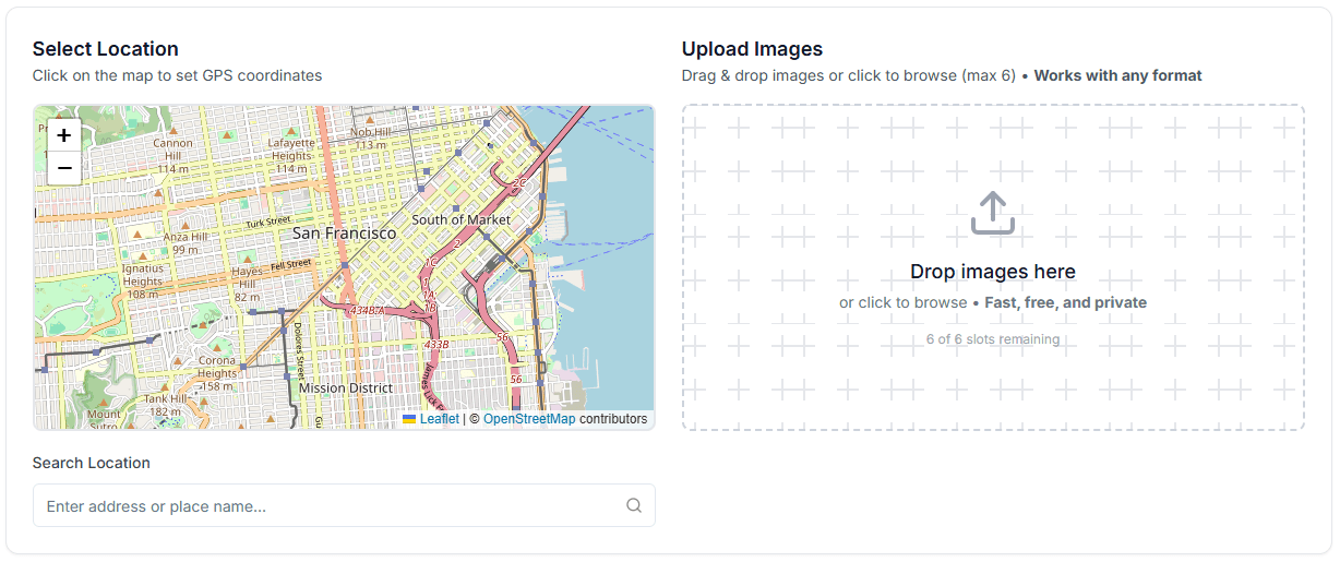 Geo-Tag Images tool by Babar Ali showing map interface and GPS metadata options