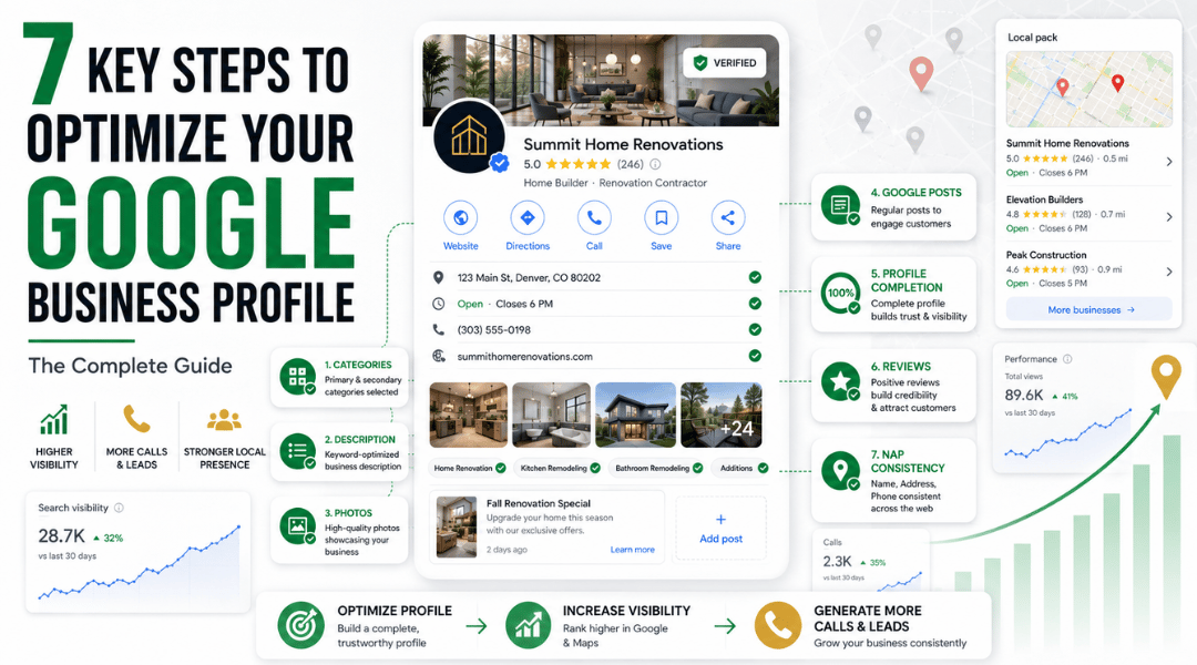Featured image for a Google Business Profile optimization guide showing an optimized business profile, reviews, categories, photos, posts, and local search visibility improvements.