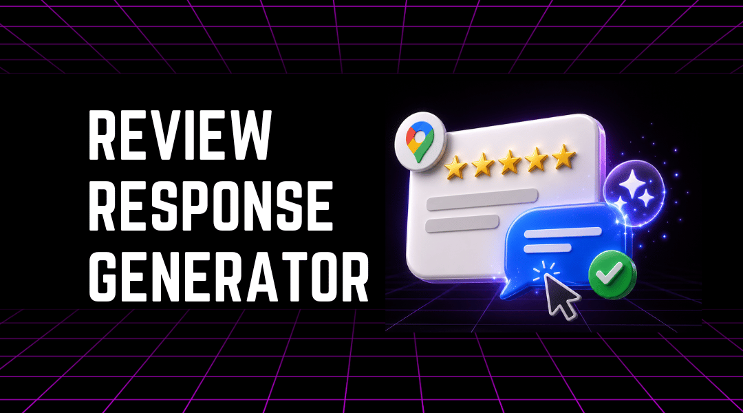Google review response generator featured image with review card, stars, and AI reply icon
