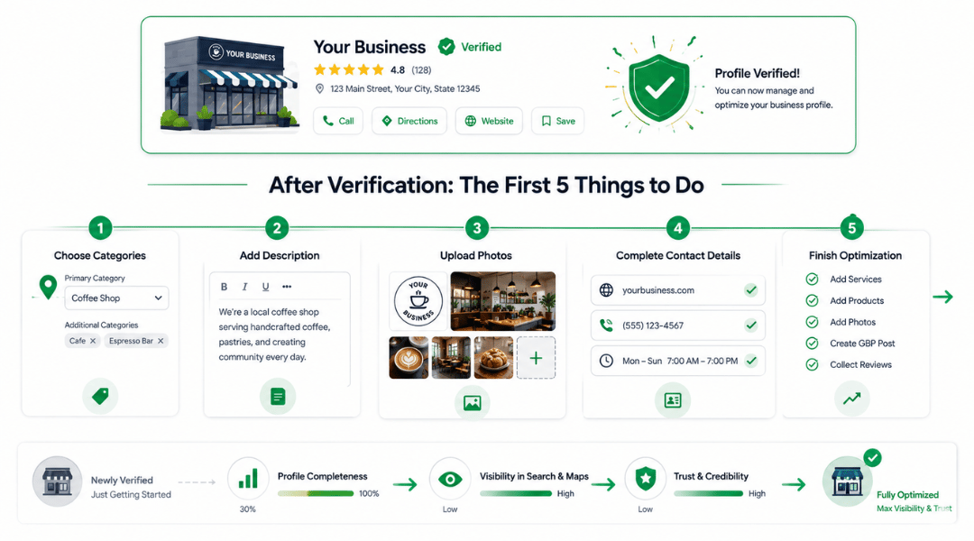 Five-step Google Business Profile optimization checklist showing the actions to complete after verification.