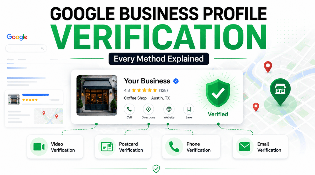 Featured image for a Google Business Profile verification guide showing a verified profile and verification methods including video, postcard, phone, and email.
