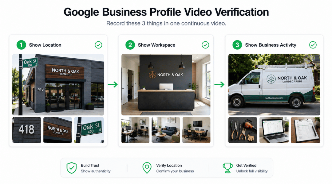 Three-step Google Business Profile video verification checklist showing location, workspace, and proof of business operations.
