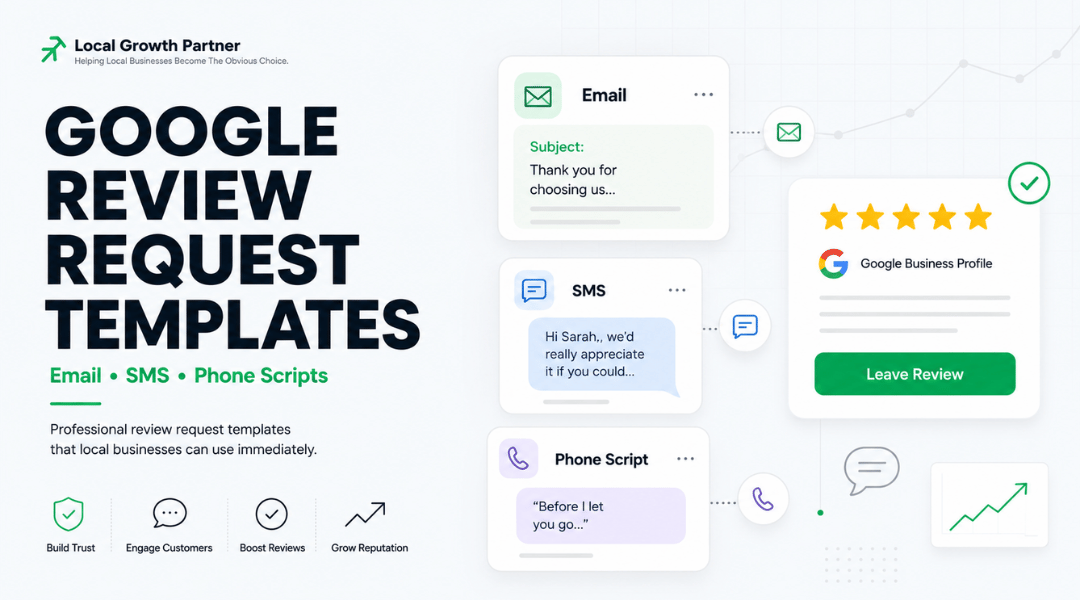 Google review request templates showing email, SMS, and phone script examples for local businesses to collect more customer reviews.