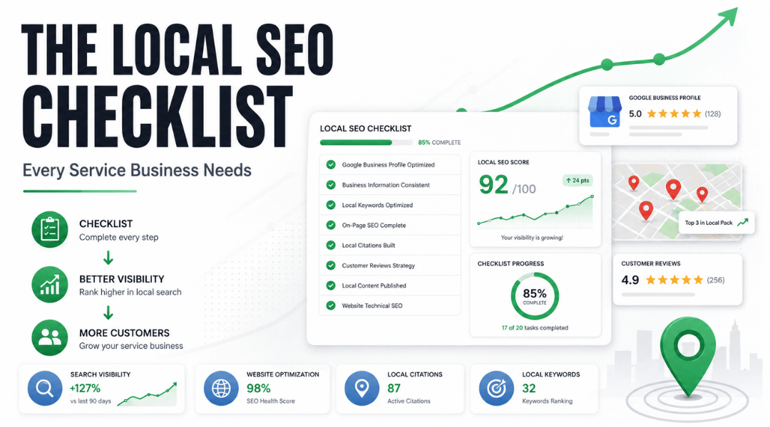 local SEO checklist guide showing checklist completion, Google Business Profile optimization, reviews, and local search visibility.
