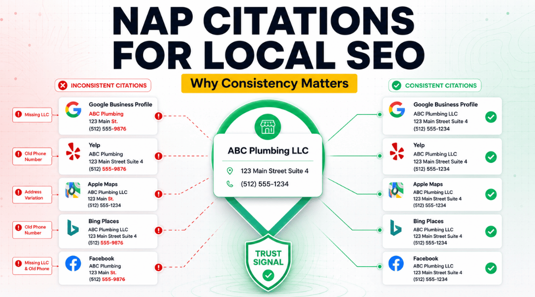 NAP citations for local SEO showing consistent and inconsistent business information across directories
