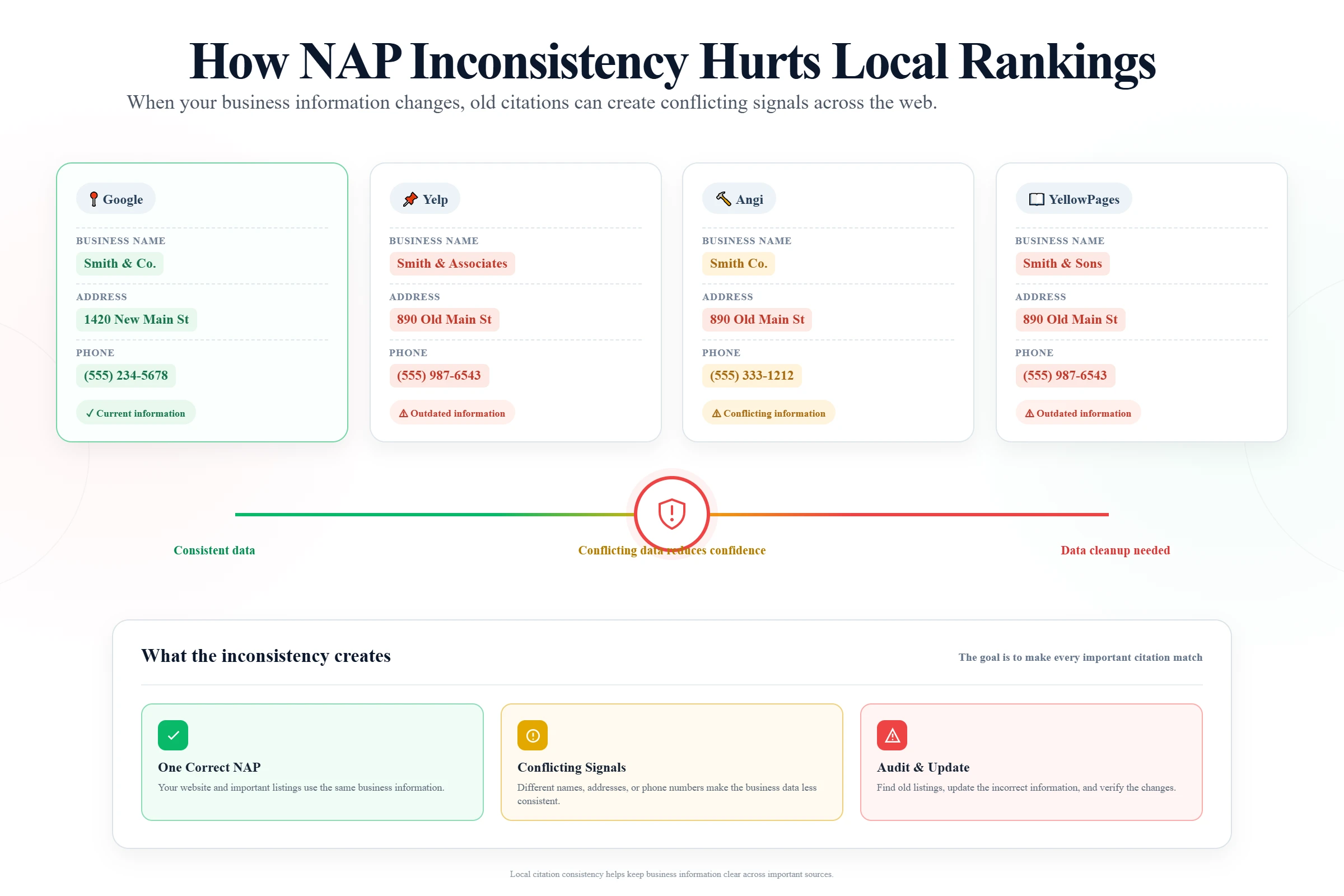 NAP inconsistency example showing different business names, addresses, and phone numbers across local directory listings, creating conflicting business information and reducing confidence in the data.